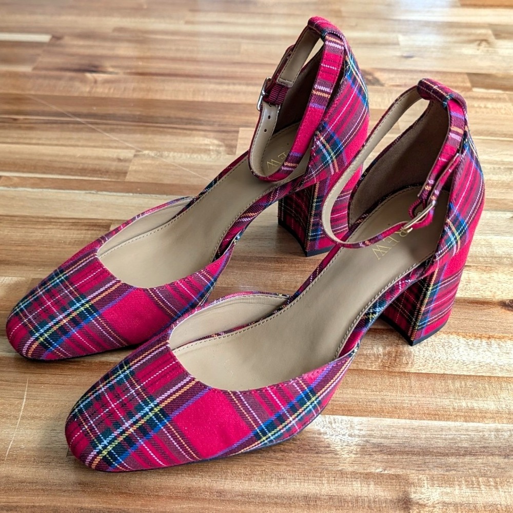 J.Crew Womens Red Plaid Tartan Block Heel Ankle Strap Pumps Size 8
